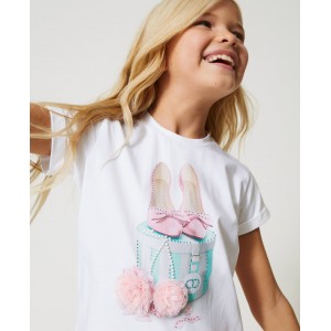 Dievčenské tričko s brmbolcami a potlačou biele  TWINSET