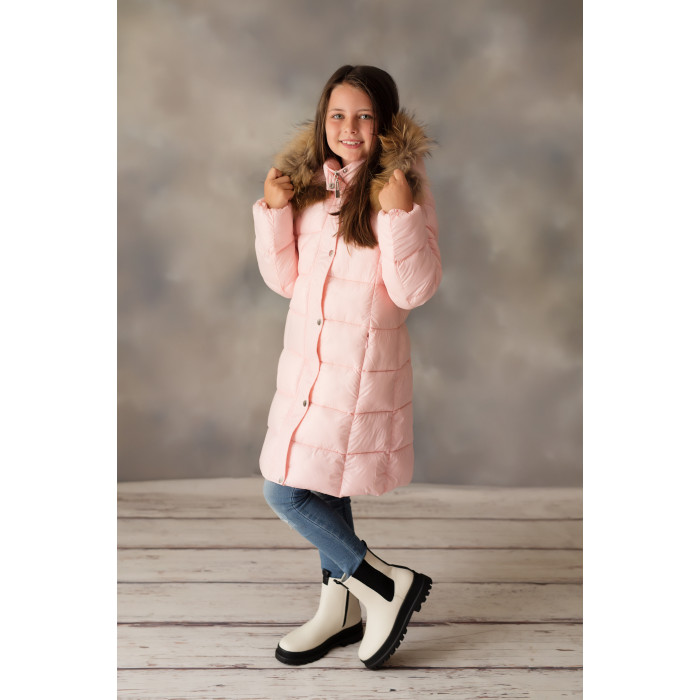 Dievčenský kabát prešívaný s prírodnou kožušinou ružový DAGA