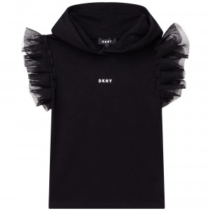 Dievčenské tričko s volánovými rukávmi čierne DKNY