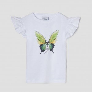 Dievčenské tričko s potlačou zelenkastého motýľa biele
