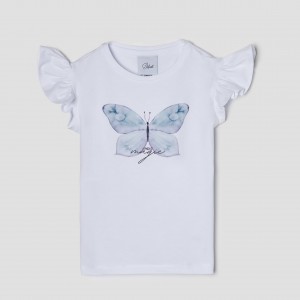Dievčenské tričko s potlačou modrastého motýľa biele