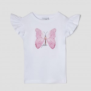Dievčenské tričko s potlačou ružovkastého motýľa biele