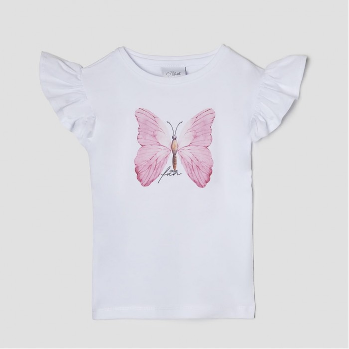 Dievčenské tričko s potlačou ružovkastého motýľa biele TUTU