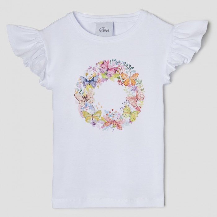 Dievčenské tričko s potlačou motýľov do venca biele