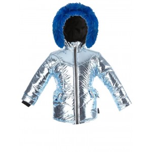Dievčenská zimná bunda metalická modrá s kožušinou z kolekcie BOW! 