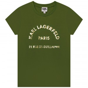 Dievčenské tričko s potlačou olivové KARL LAGERFELD