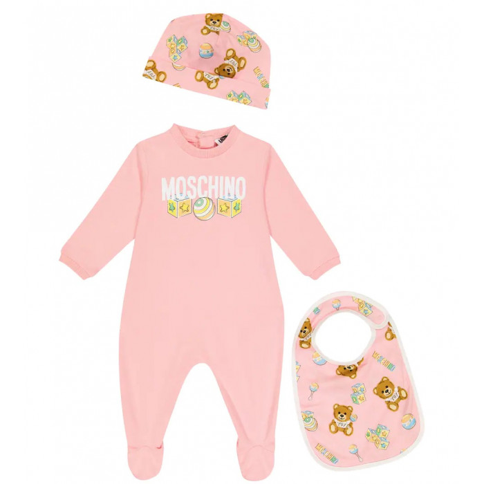 Baby súprava overal s  čiapkou a podbradníkom ružová MOSCHINO