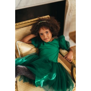 Dievčenské šaty s naberaným rukávom smaragdové TUTU